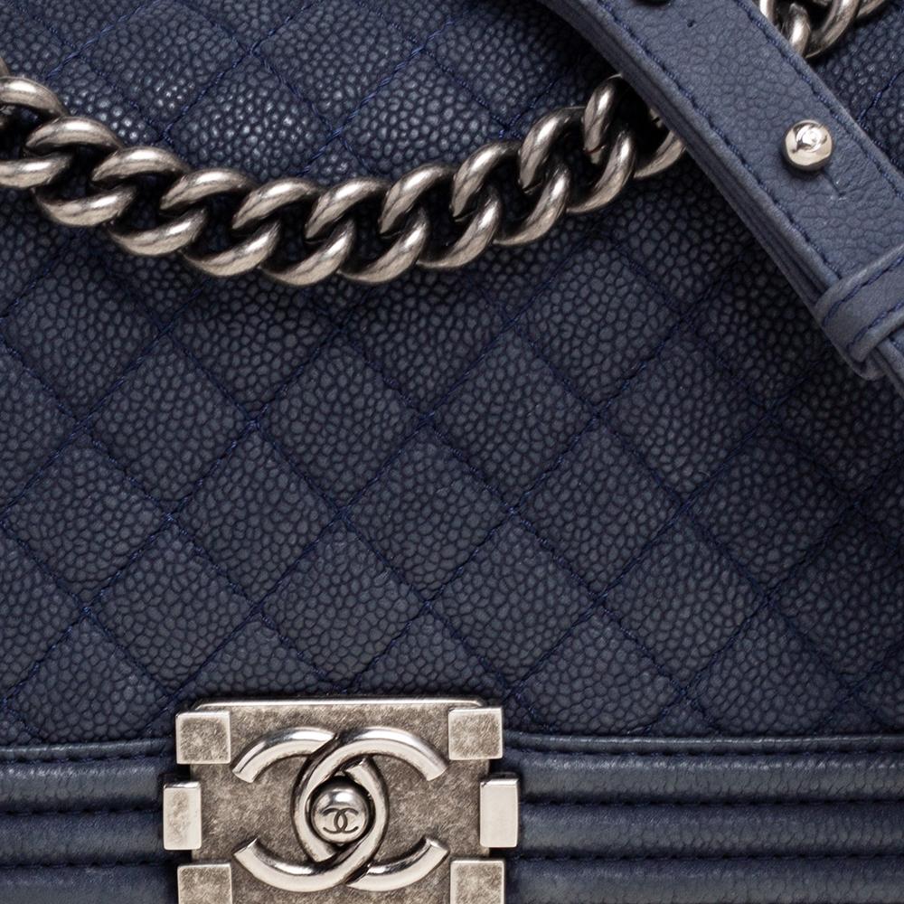Women's Chanel Navy Blue Quilted Caviar Leather Medium Boy Flap Bag