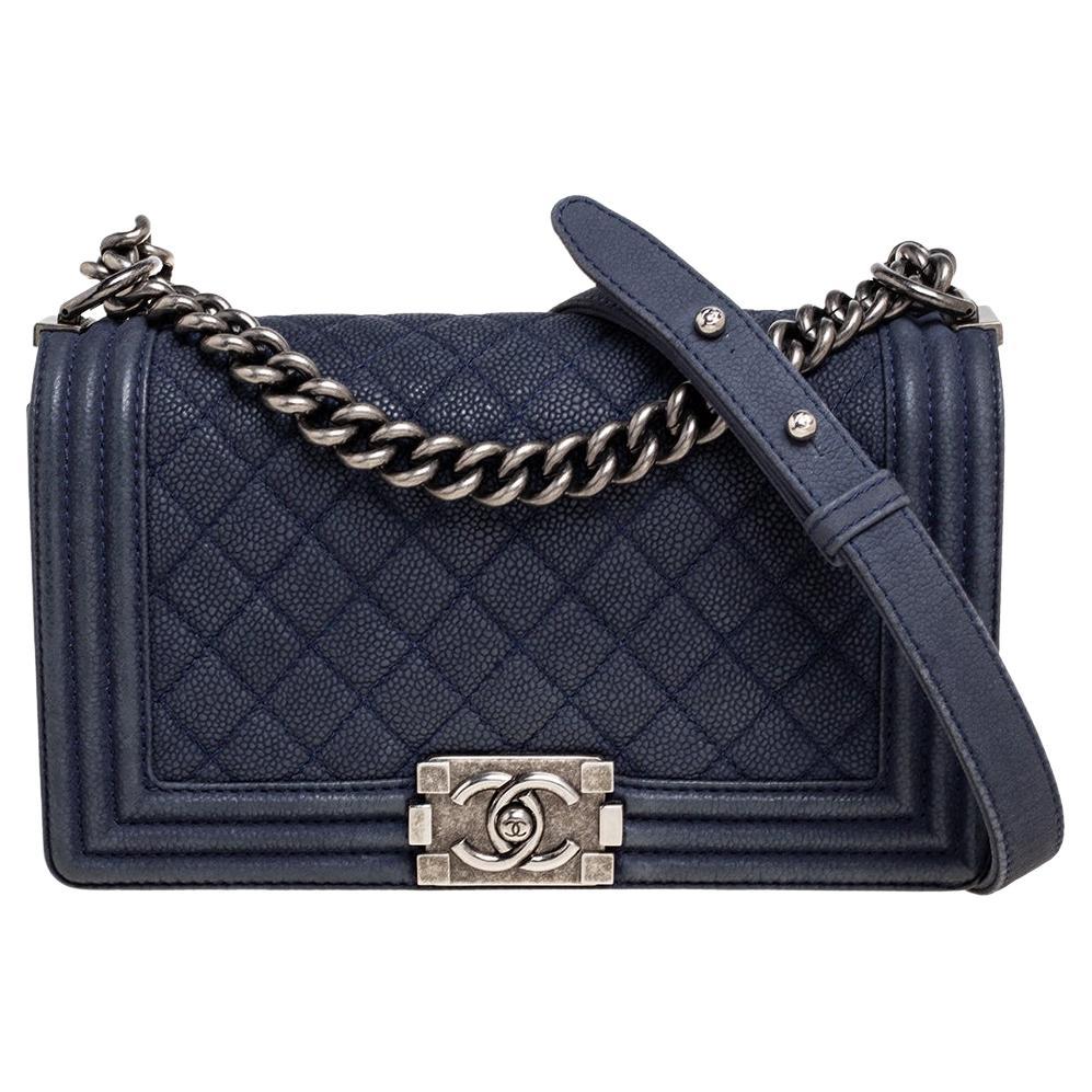 Chanel Navy Blue Quilted Caviar Leather Medium Boy Flap Bag