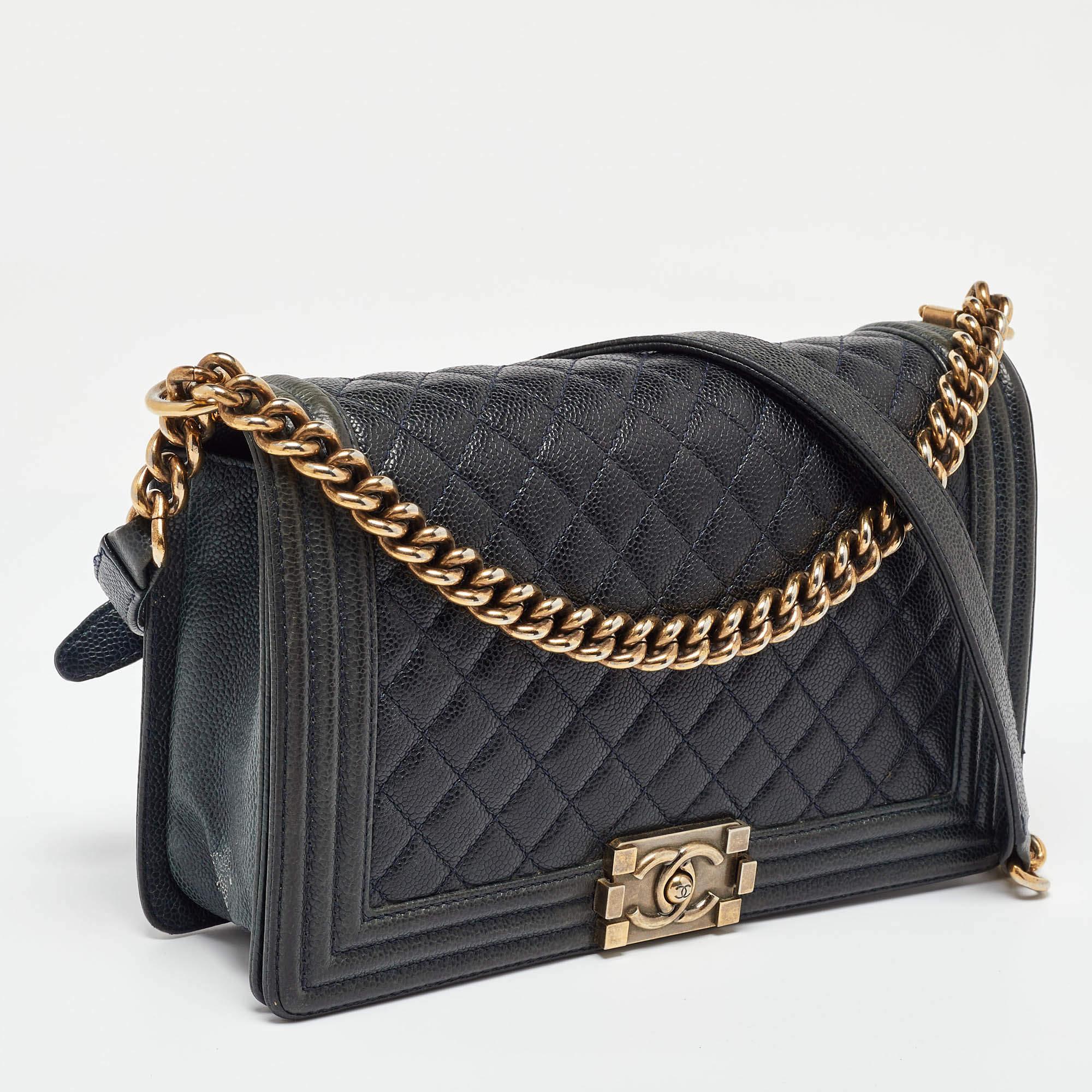 Black Chanel Navy Blue Quilted Caviar Leather New Medium Boy Flap Bag For Sale
