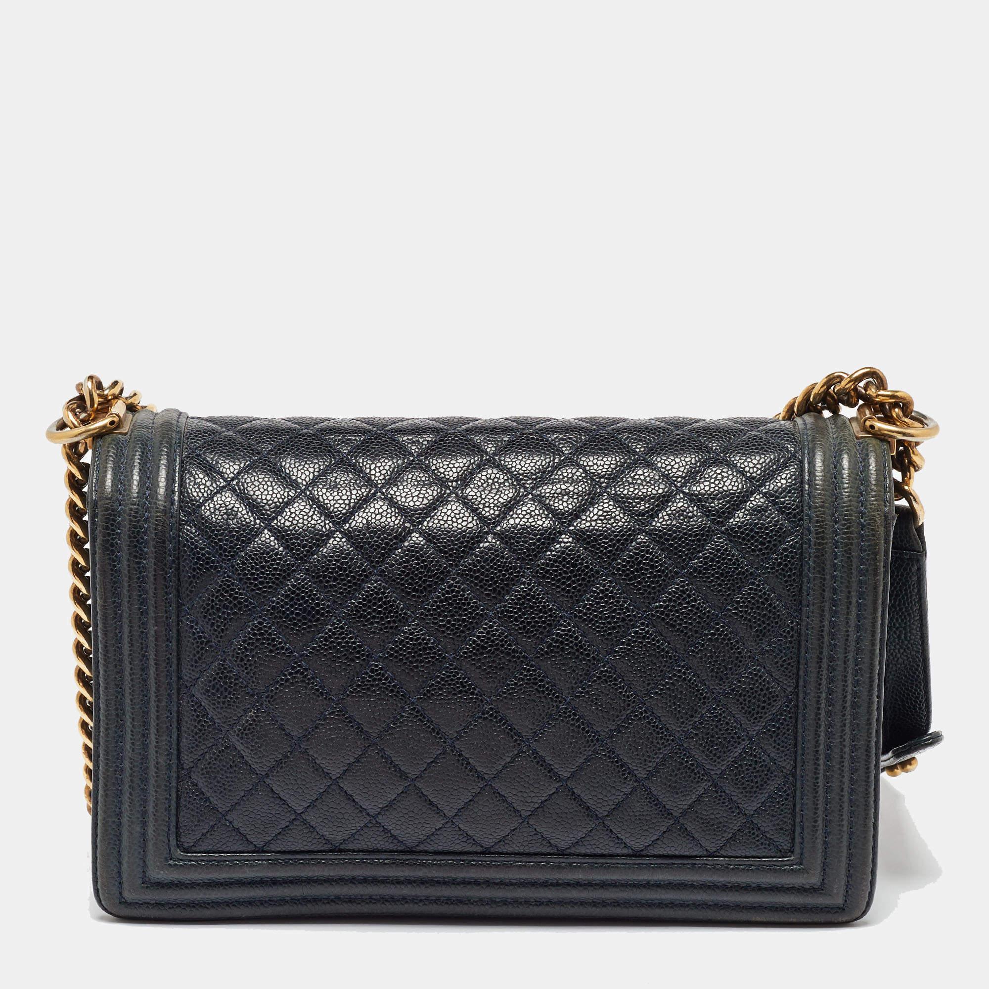 Chanel Navy Blue Quilted Caviar Leather New Medium Boy Flap Bag In Fair Condition For Sale In Dubai, Al Qouz 2