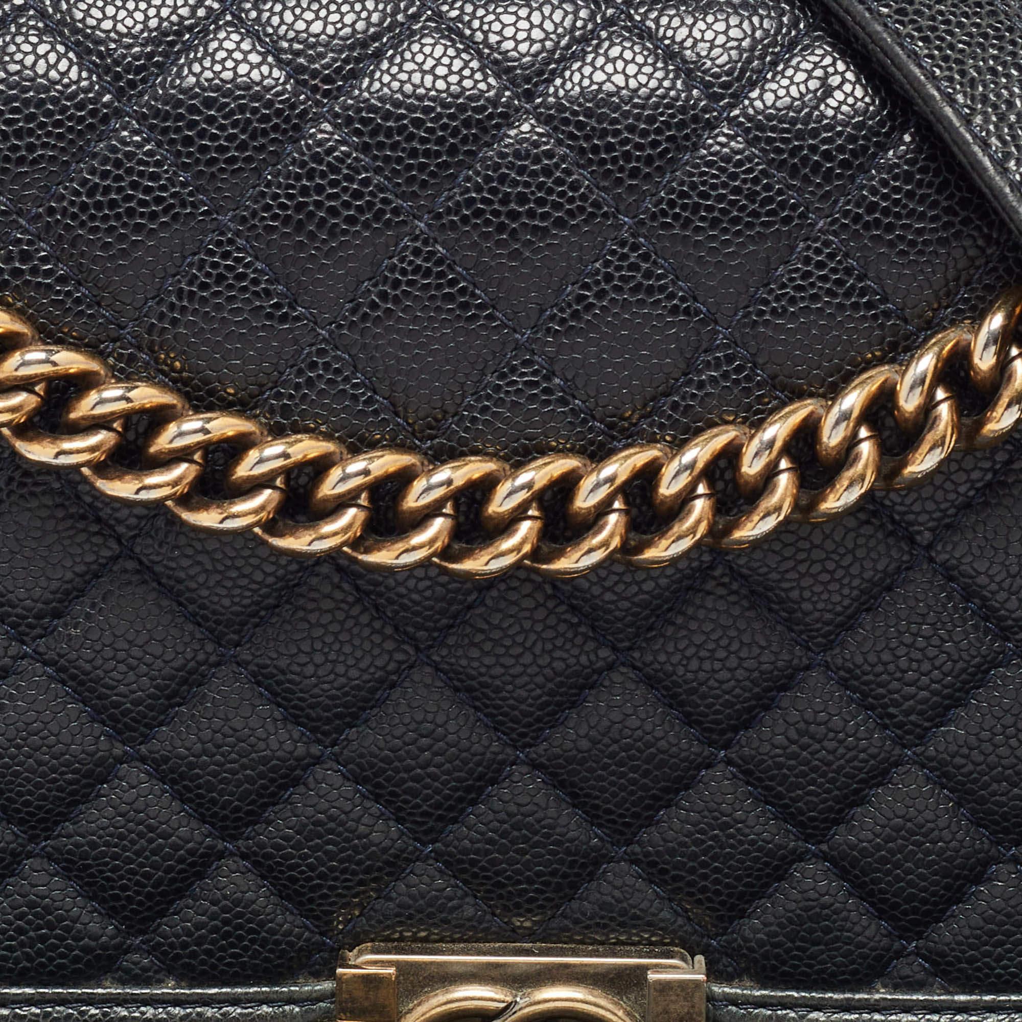 Chanel Navy Blue Quilted Caviar Leather New Medium Boy Flap Bag For Sale 2