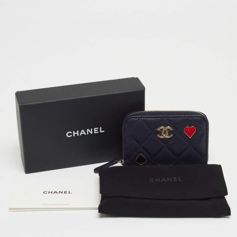 Chanel Navy Blue Quilted Caviar Leather Playing Card Charms CC Zip Coin Purse 8