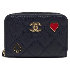 Chanel Navy Blue Quilted Caviar Leather Playing Card Charms CC Zip Coin Purse