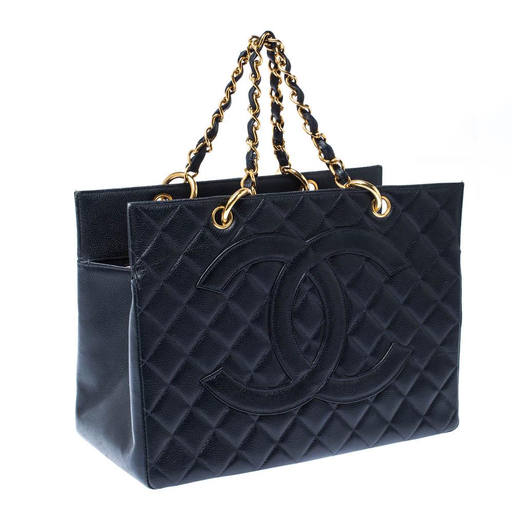 Chanel Navy Blue Quilted Caviar Leather Timeless Shopper Tote In Good Condition In Dubai, Al Qouz 2