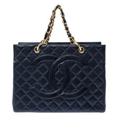 Chanel Navy Blue Quilted Caviar Leather Timeless Shopper Tote