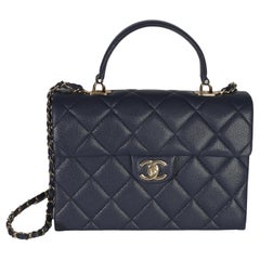 Chanel Navy Blue Quilted Caviar Retro Twist Top Handle Handbag