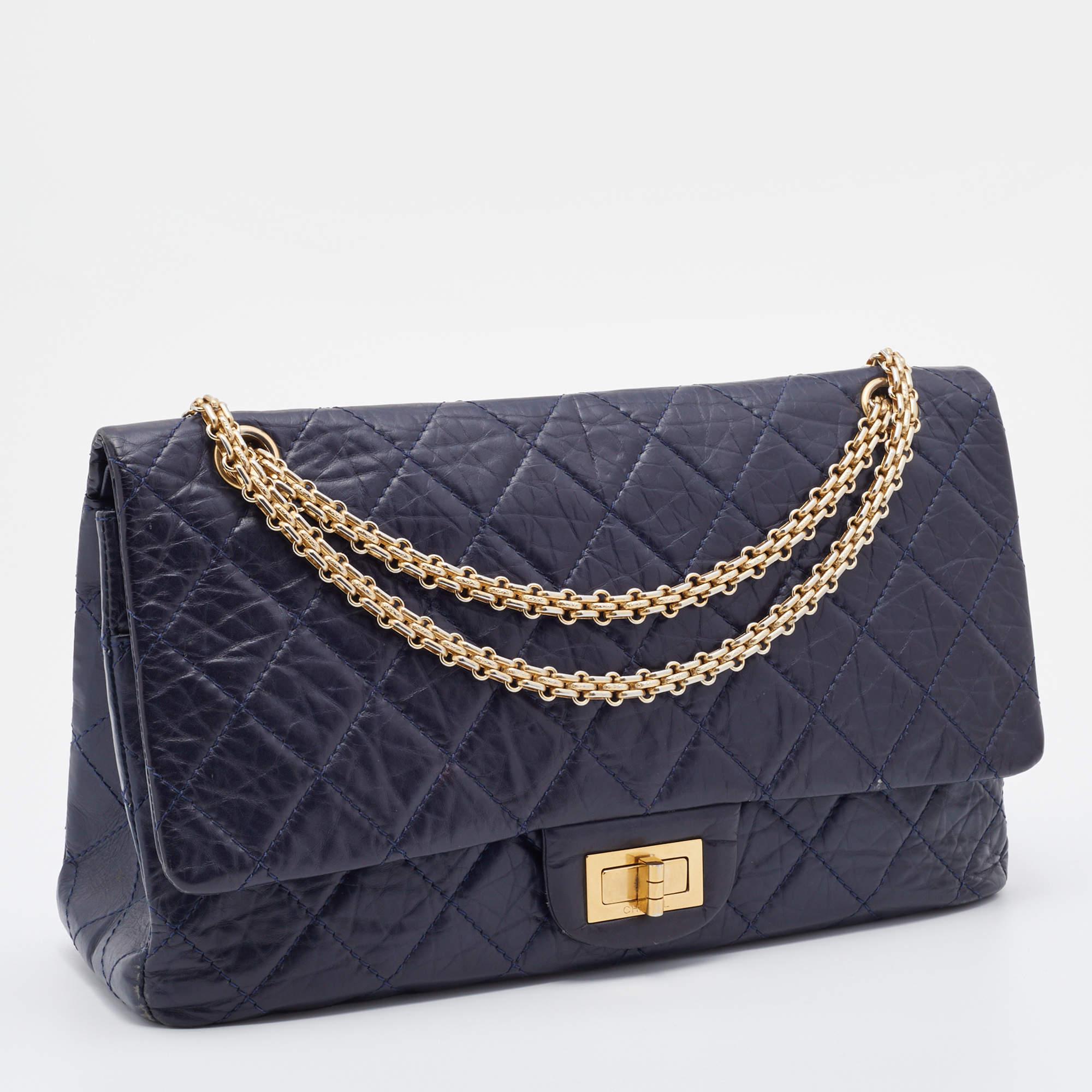 Women's Chanel Navy Blue Quilted Crinkled Leather Reissue 2.55 Classic 227 Double Flap B