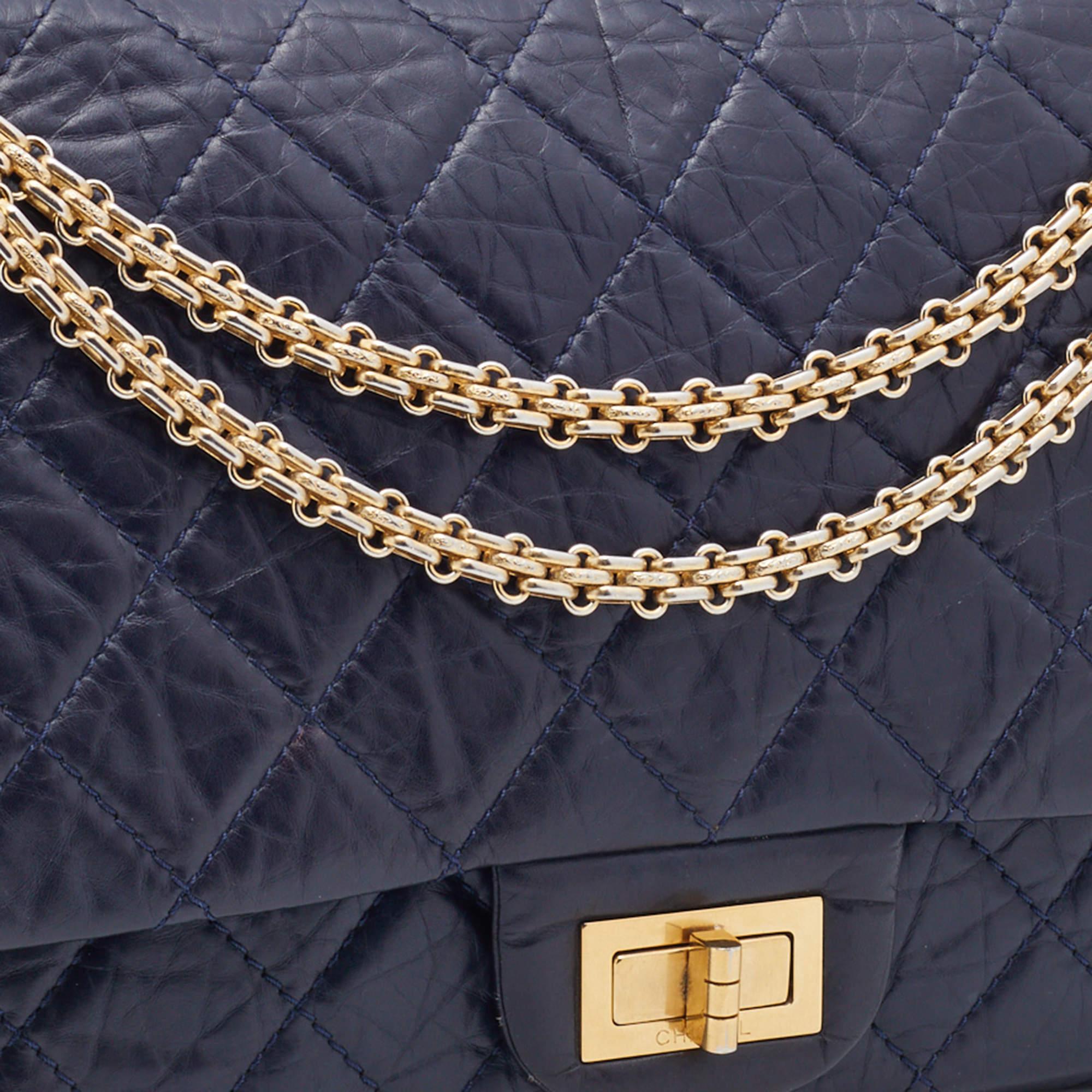 Chanel Navy Blue Quilted Crinkled Leather Reissue 2.55 Classic 227 Double Flap B 4