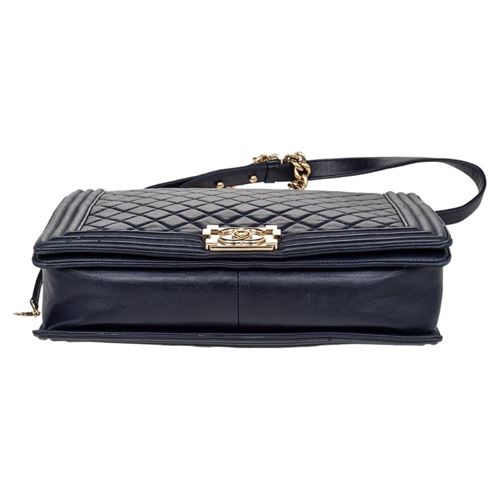 Chanel Navy Blue Quilted Glazed Leather Large Boy Flap Bag 8