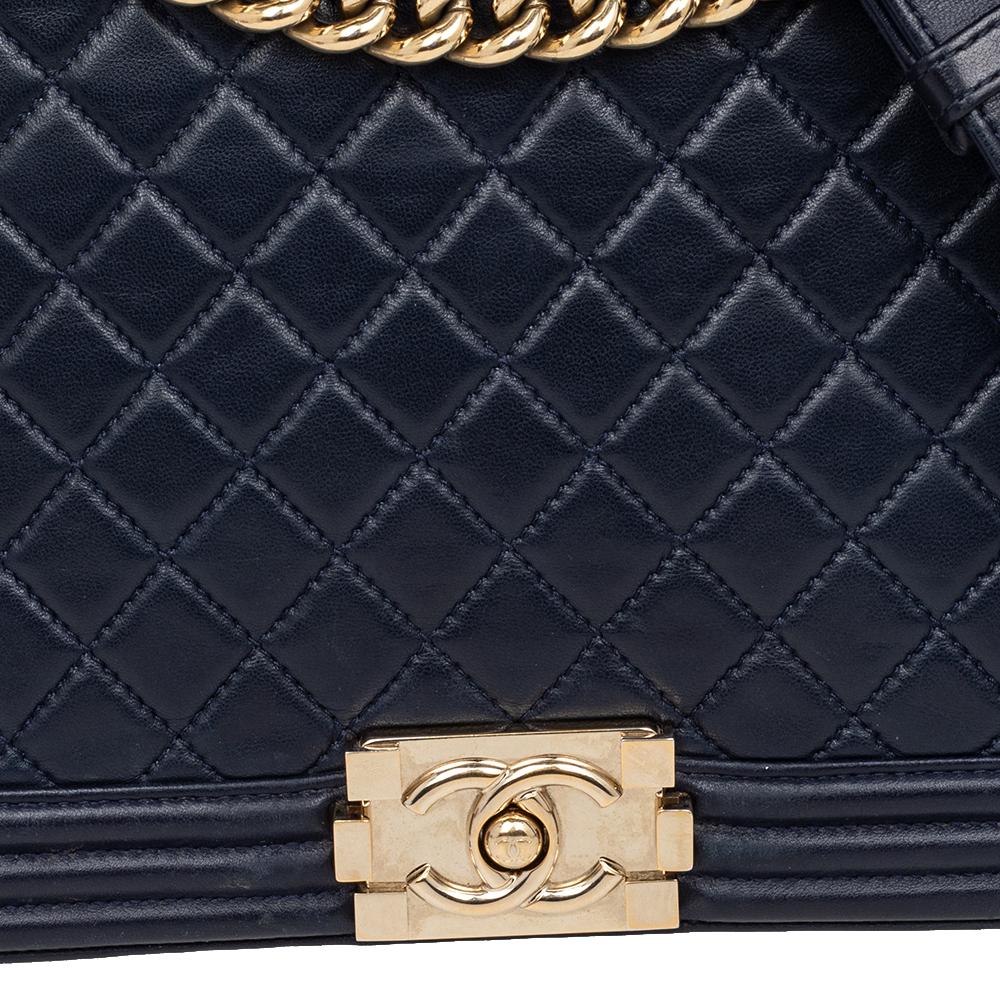 Women's Chanel Navy Blue Quilted Glazed Leather Large Boy Flap Bag