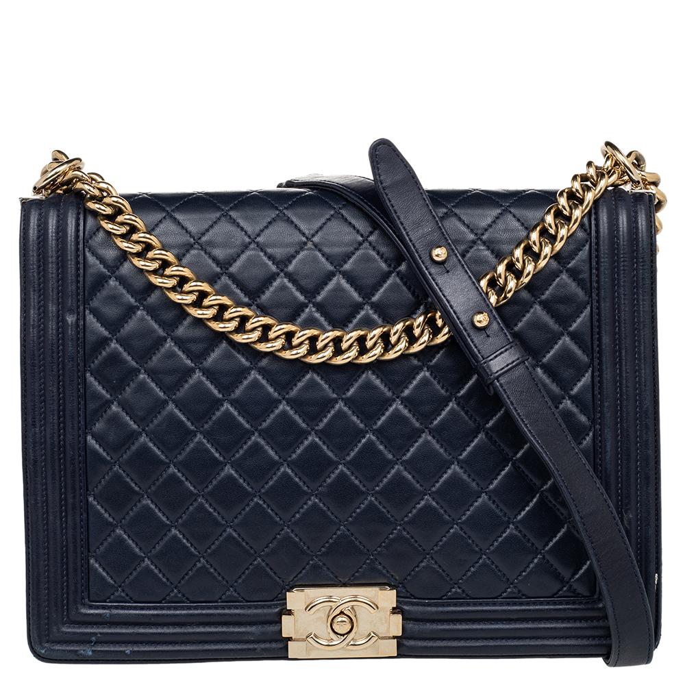 Chanel Navy Blue Quilted Glazed Leather Large Boy Flap Bag 1