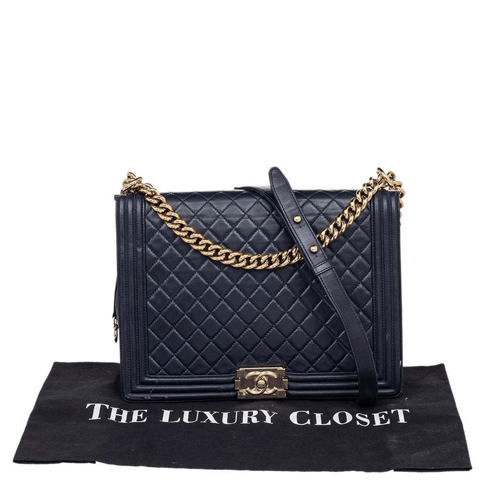 Chanel Navy Blue Quilted Glazed Leather Large Boy Flap Bag 2