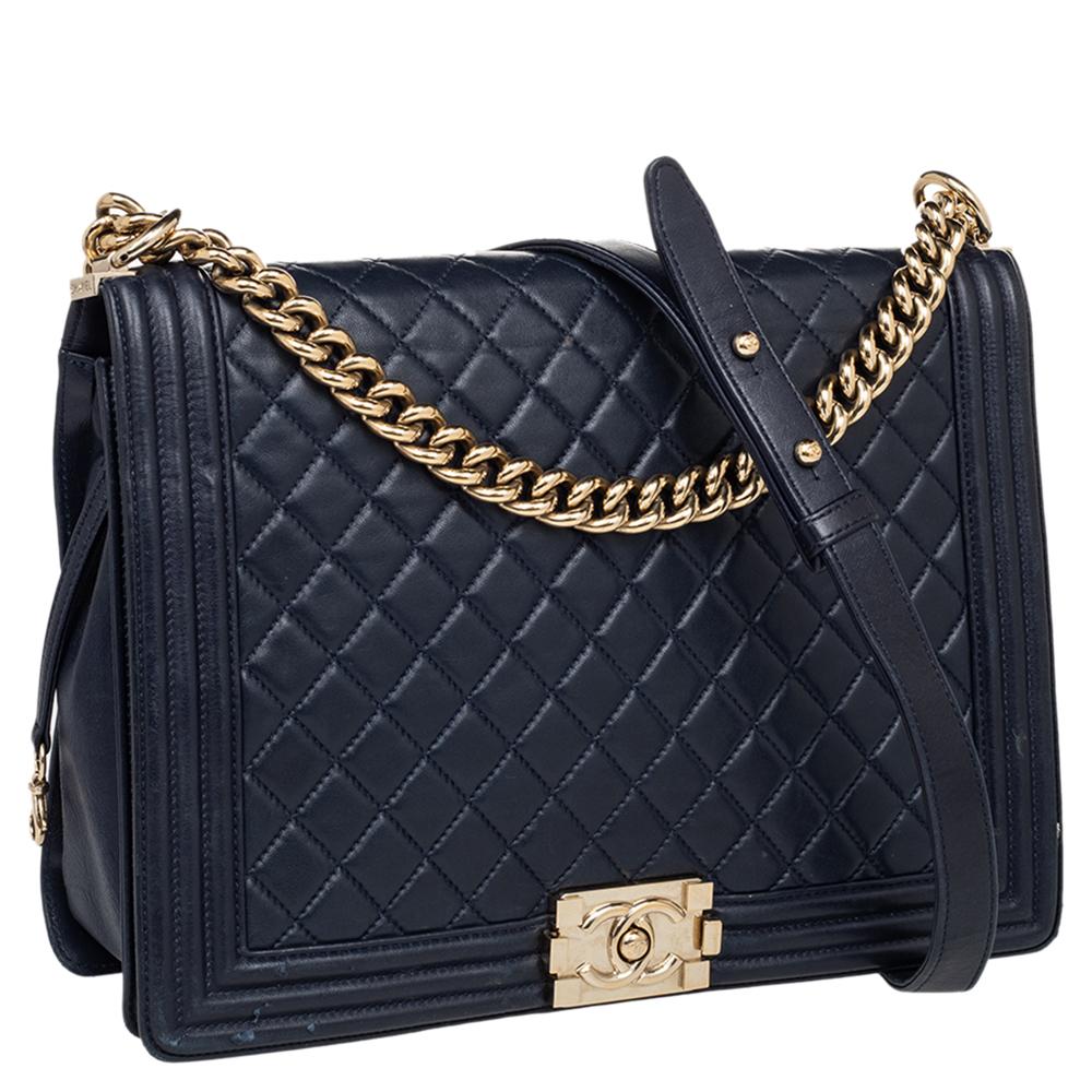 Chanel Navy Blue Quilted Glazed Leather Large Boy Flap Bag 3
