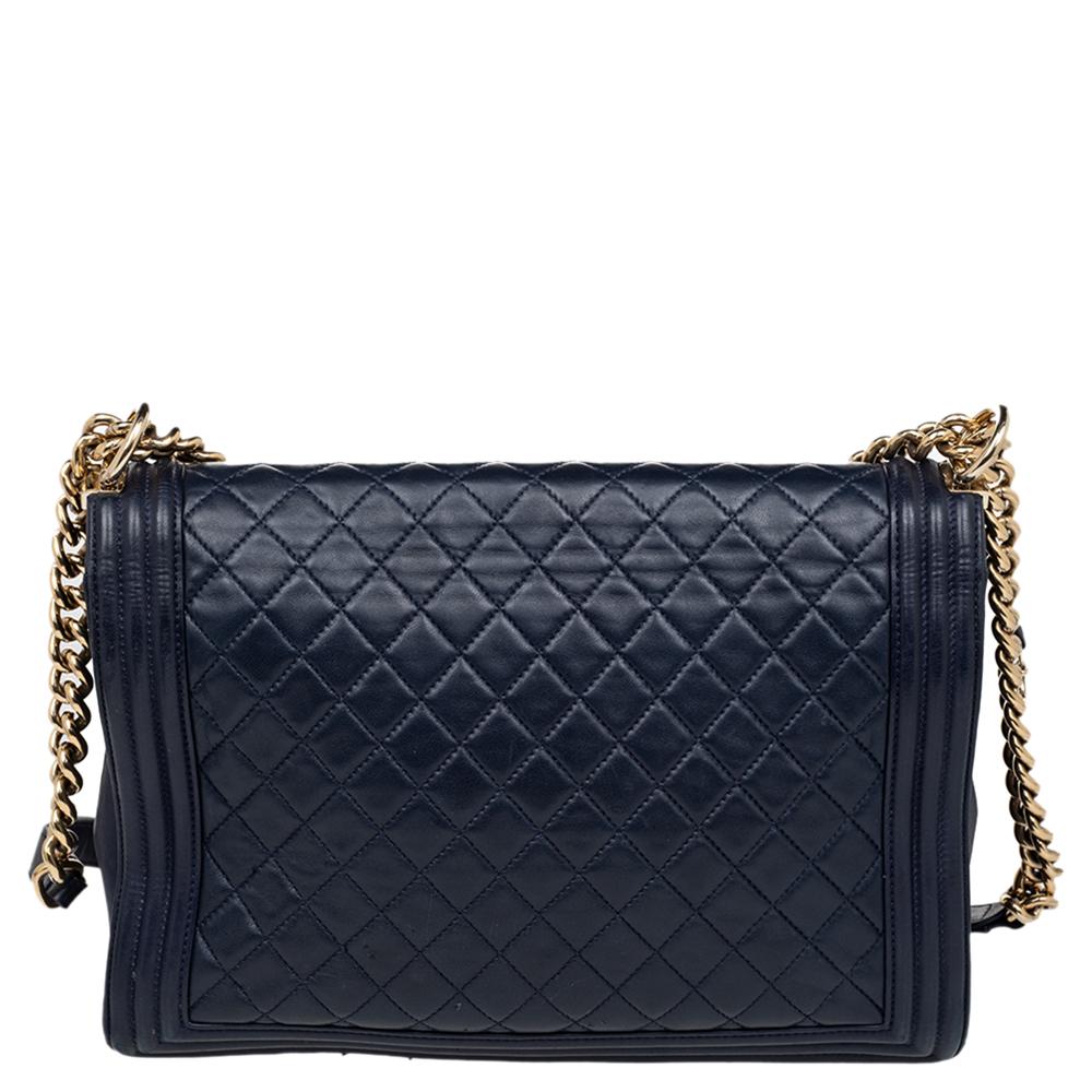 Chanel Navy Blue Quilted Glazed Leather Large Boy Flap Bag 4