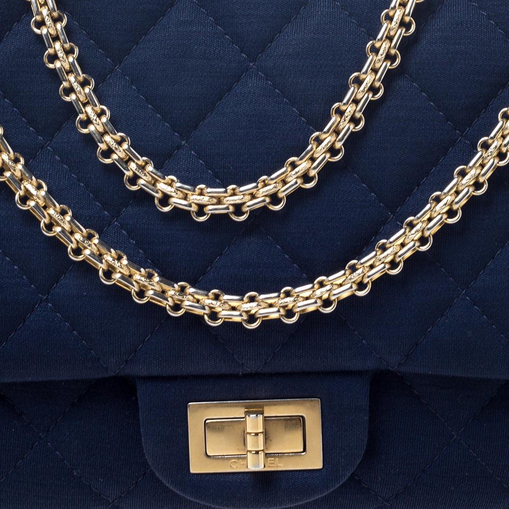 Chanel Navy Blue Quilted Jersey Reissue 2.55 Classic 227 Flap Bag In Good Condition In Dubai, Al Qouz 2