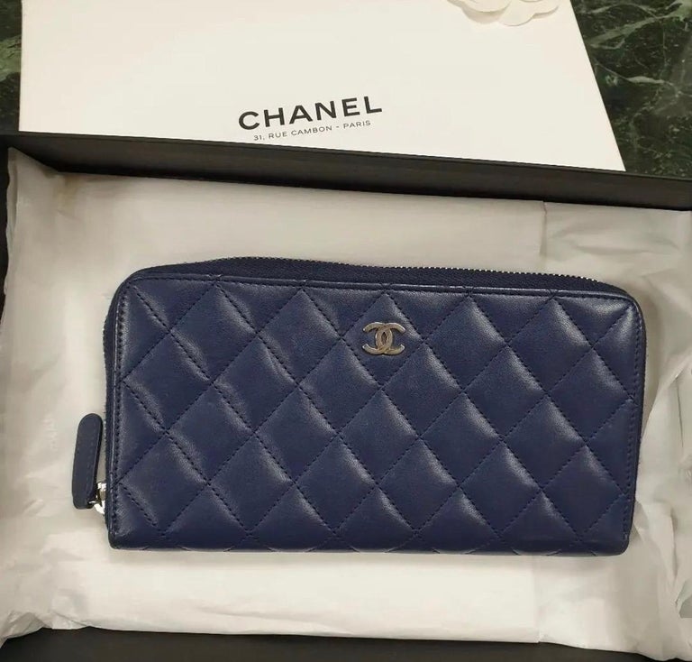 Chanel Navy Blue Quilted Lambskin Leather L Gusset Zip Wallet For Sale ...