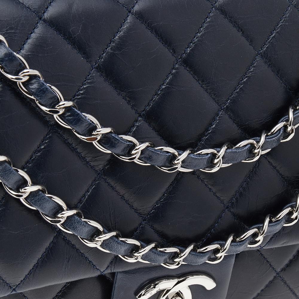 Chanel Navy Blue Quilted Leather And Tweed Classic Single Flap Bag 3