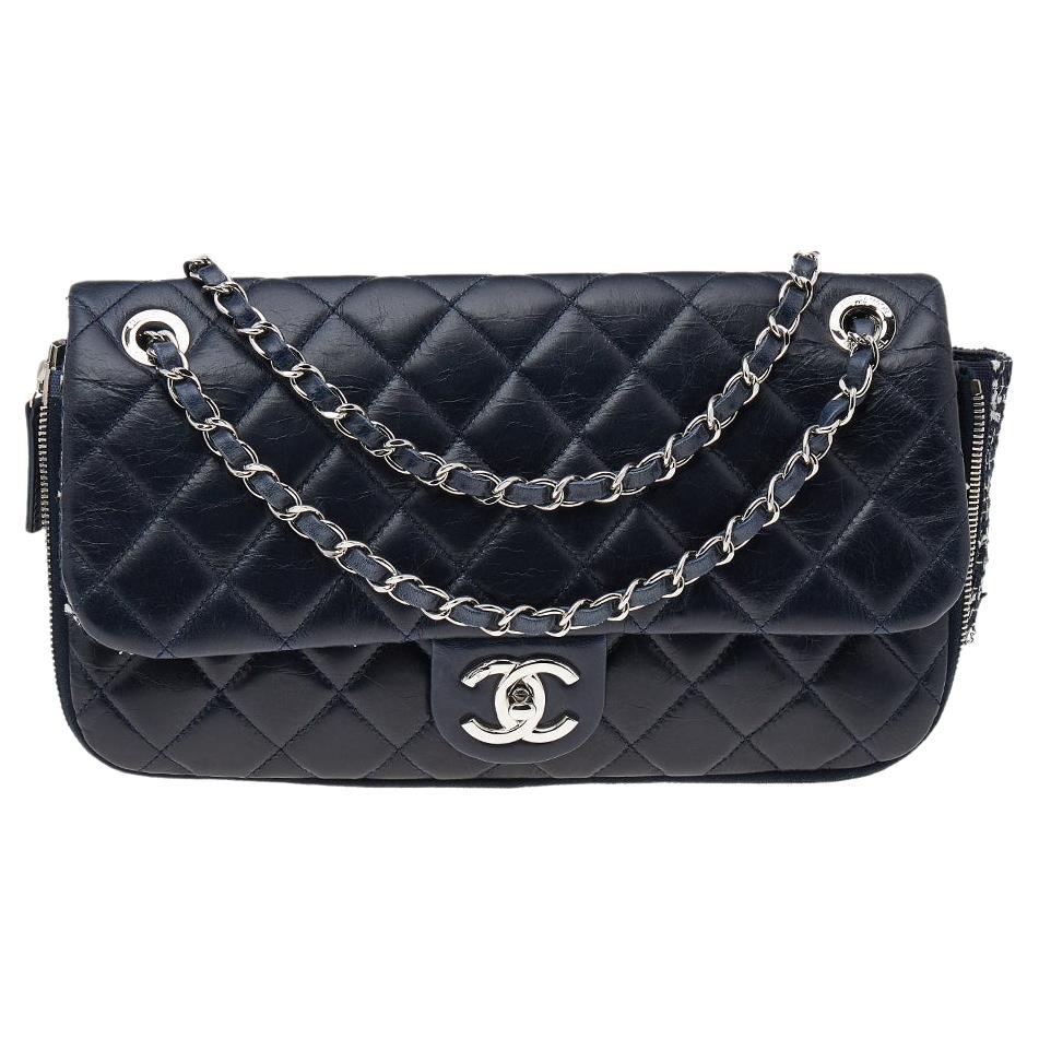 Chanel Navy Blue Quilted Leather And Tweed Classic Single Flap Bag