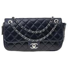 Chanel Navy Blue Quilted Leather And Tweed Classic Single Flap Bag