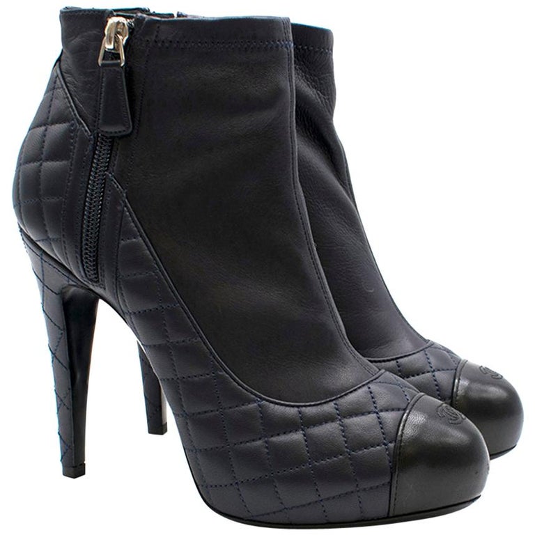 Chanel Navy Blue Quilted Leather Ankle Boots SIZE 38 at 1stDibs