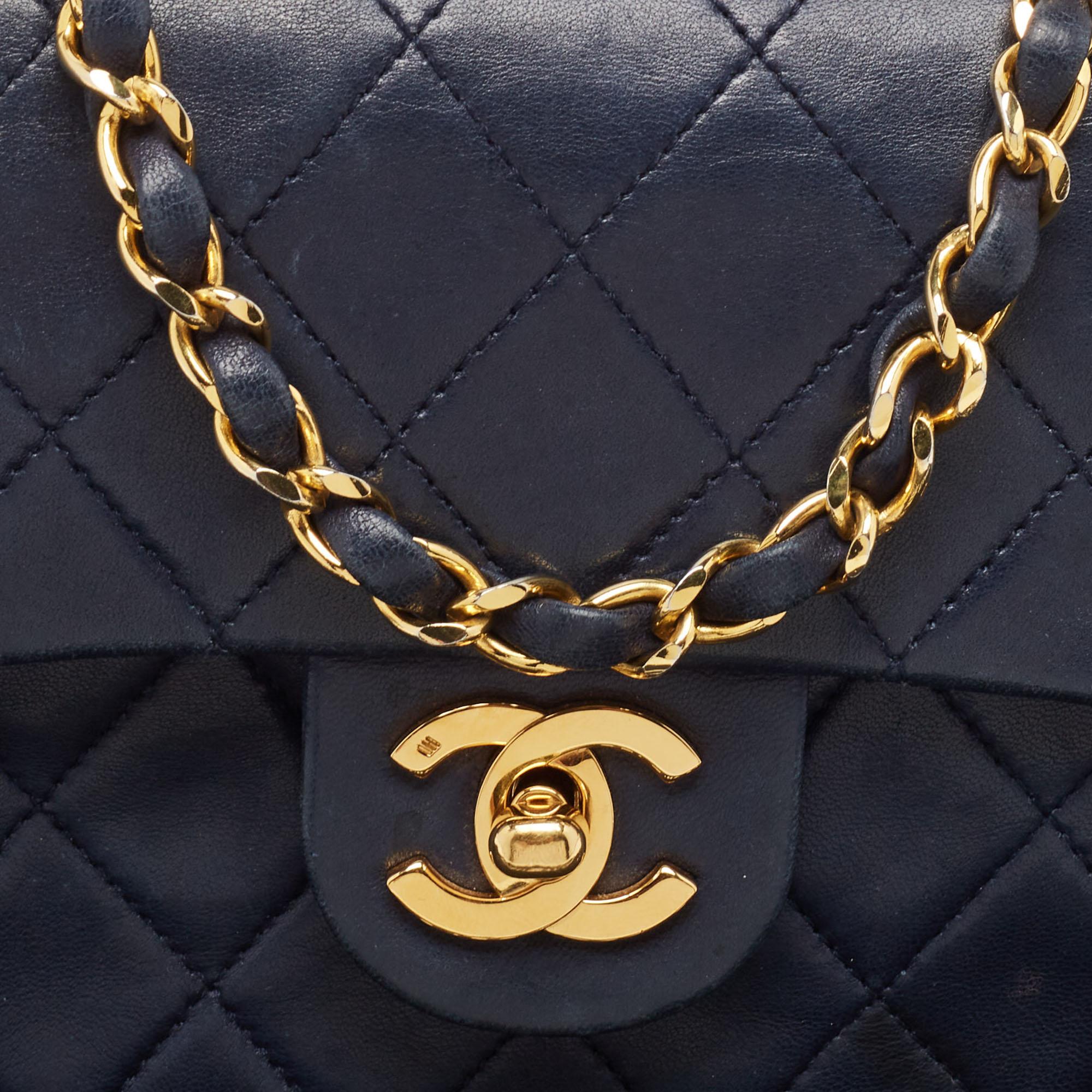 Chanel Navy Blue Quilted Leather Mini Vintage Square Flap Bag For Sale 6