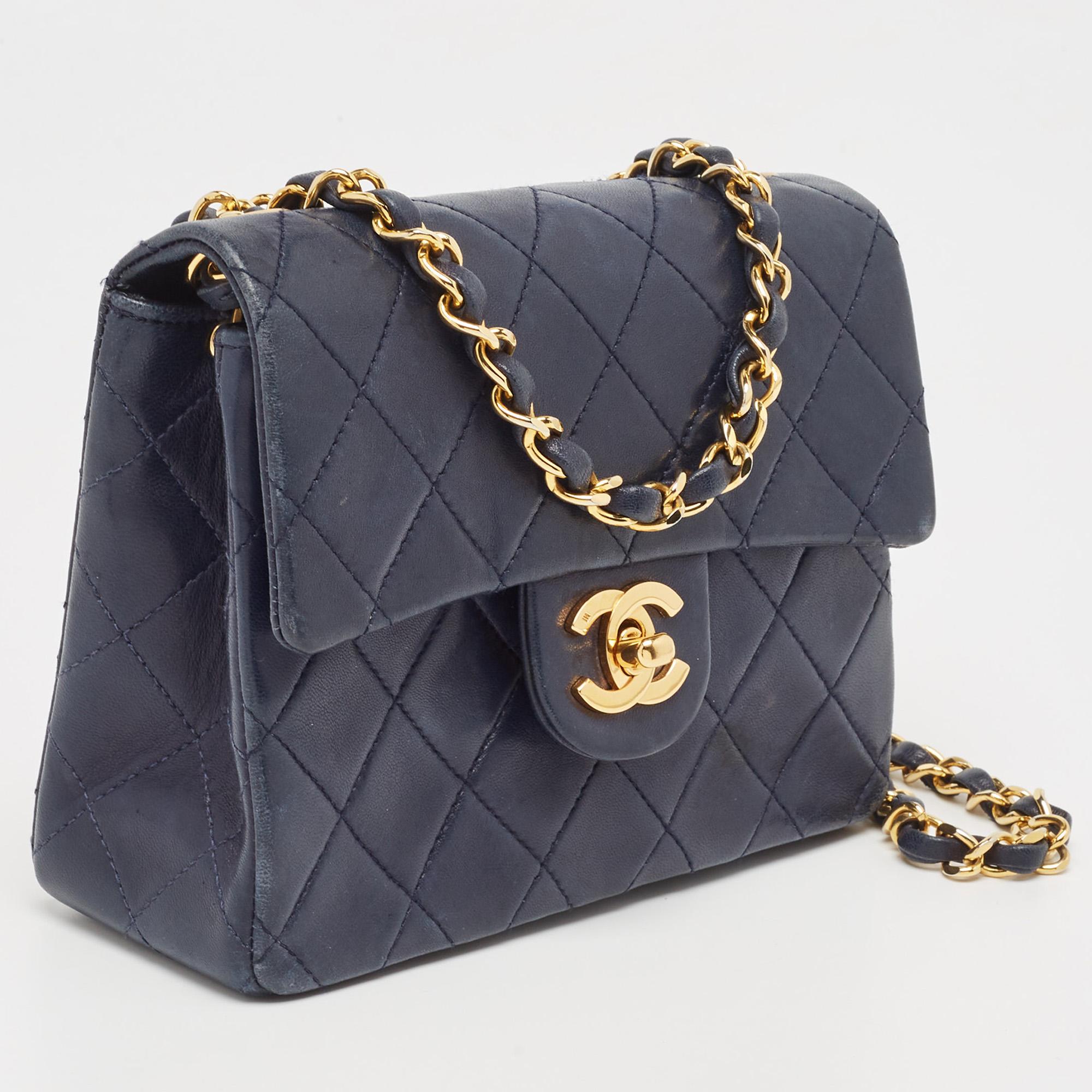Chanel Navy Blue Quilted Leather Mini Vintage Square Flap Bag For Sale 7