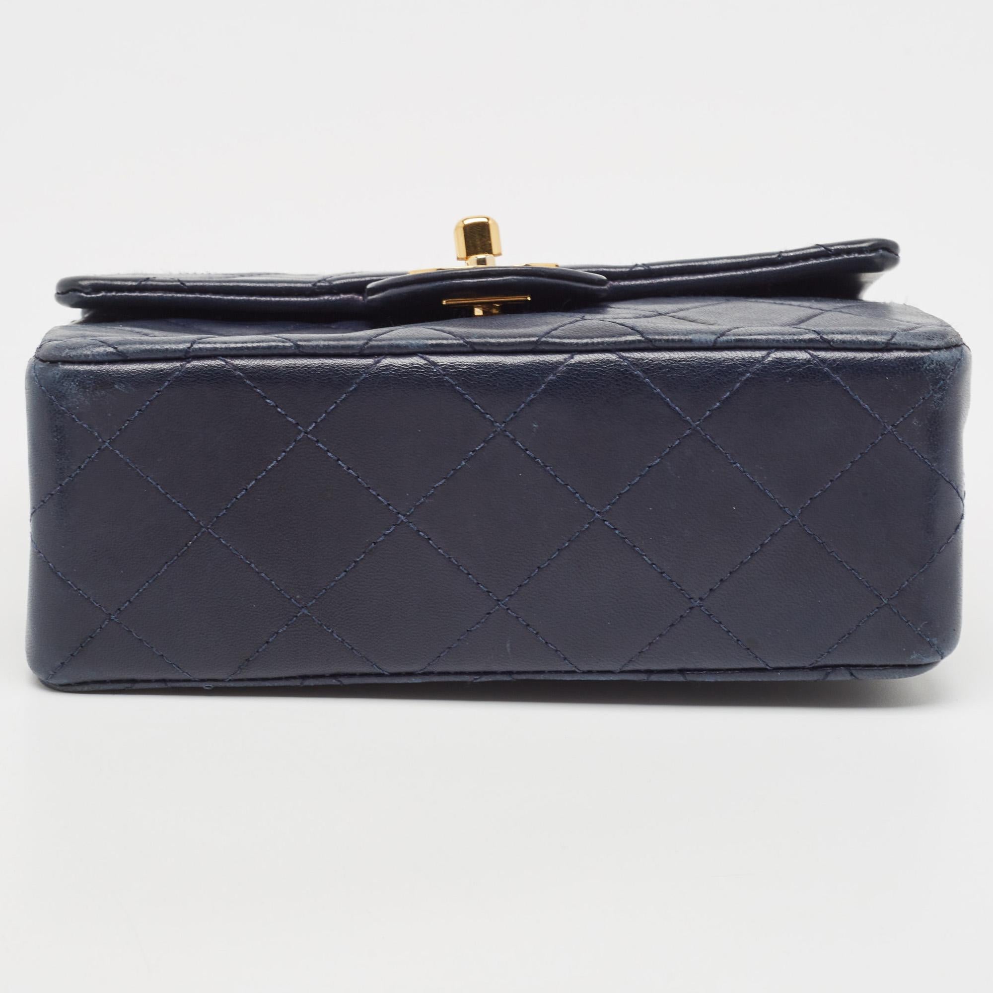 Chanel Navy Blue Quilted Leather Mini Vintage Square Flap Bag For Sale 8