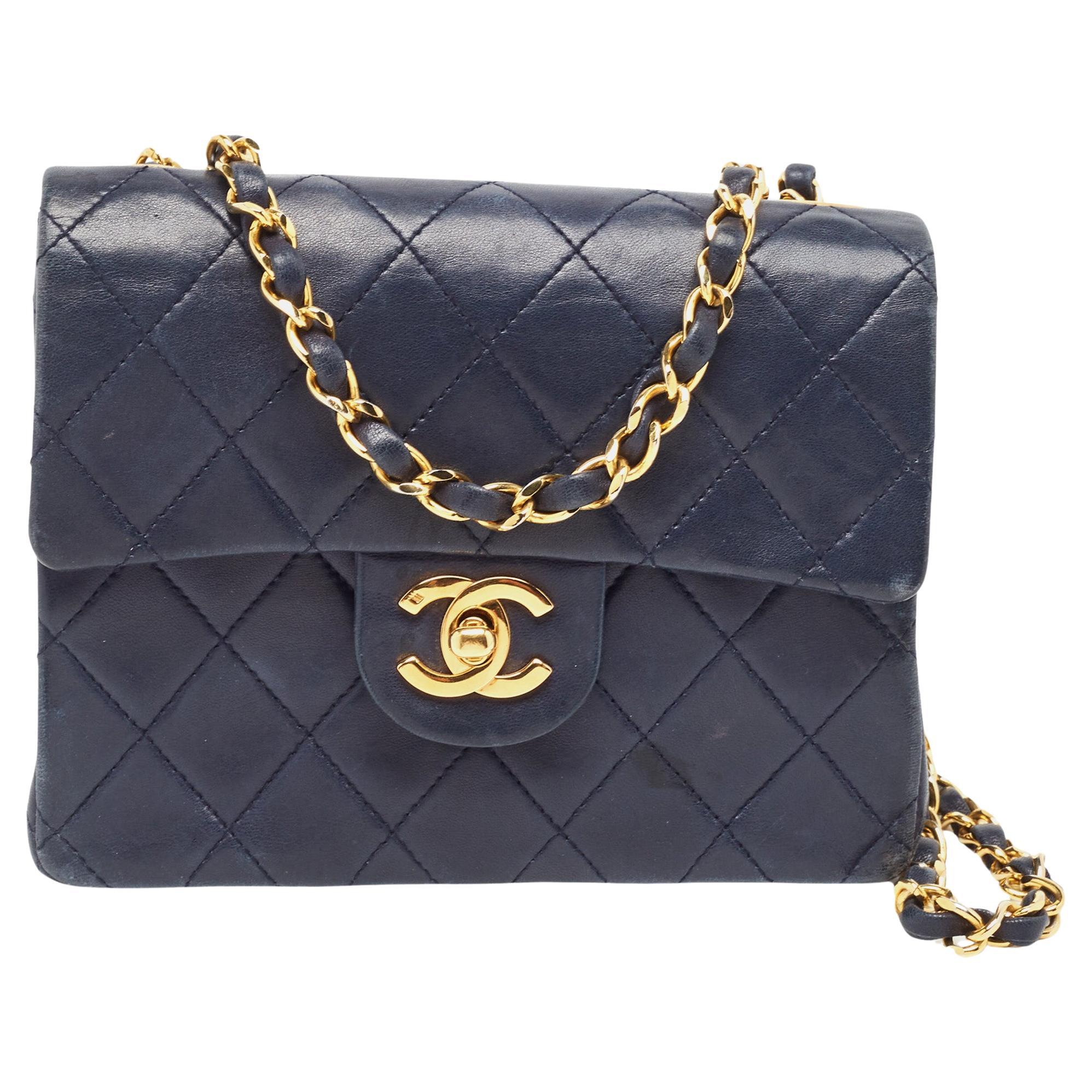 Chanel Navy Blue Quilted Leather Mini Vintage Square Flap Bag For Sale