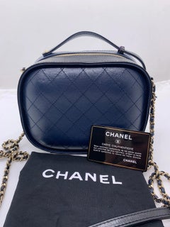 Chanel Navy Blue Quilted Leather Top Handle Camera Vanity Case Bag GHW