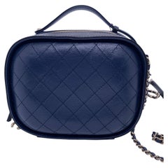 Chanel Navy Blue Quilted Leather Top Handle Camera Vanity Case Bag GHW