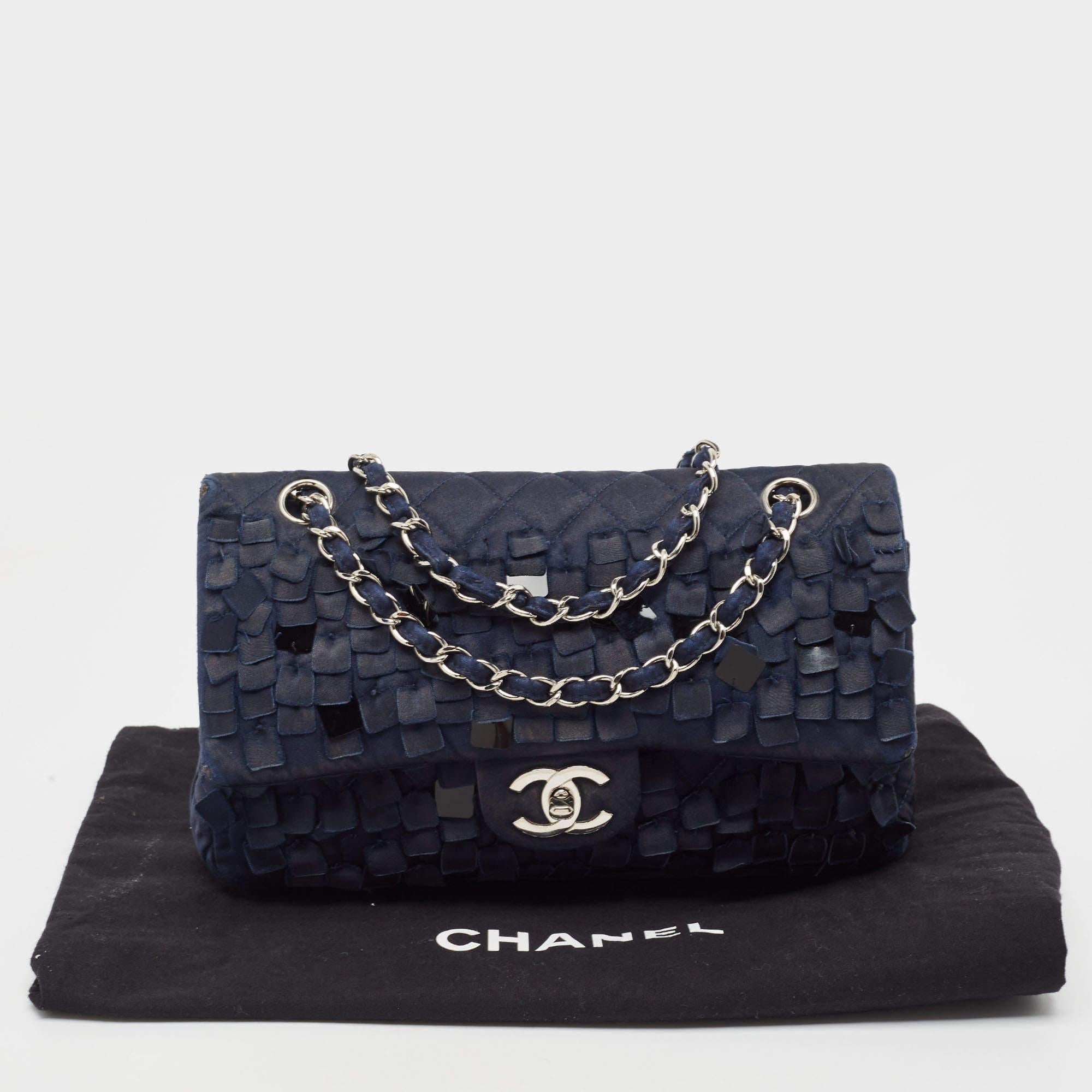 Chanel Navy Blue Quilted Satin Medium Classic Double Flap Bag For Sale 13