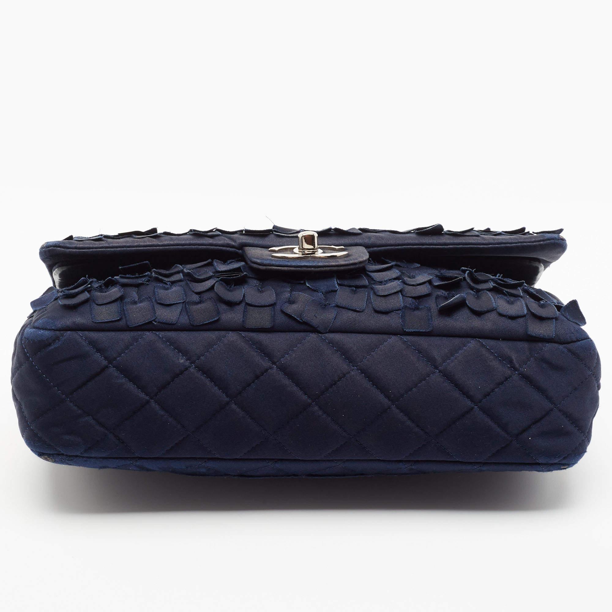 Chanel Navy Blue Quilted Satin Medium Classic Double Flap Bag 2