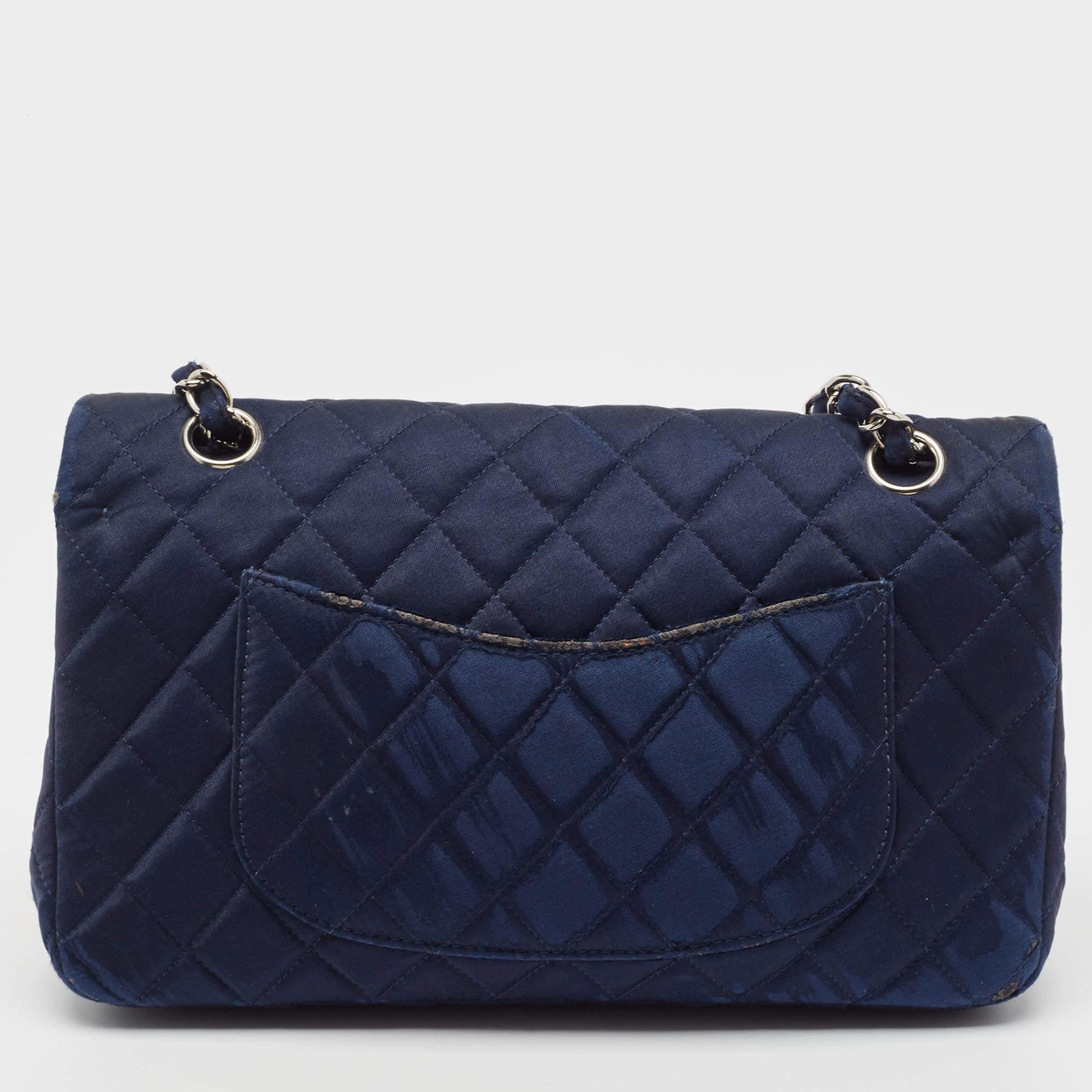 Chanel Navy Blue Quilted Satin Medium Classic Double Flap Bag For Sale 3