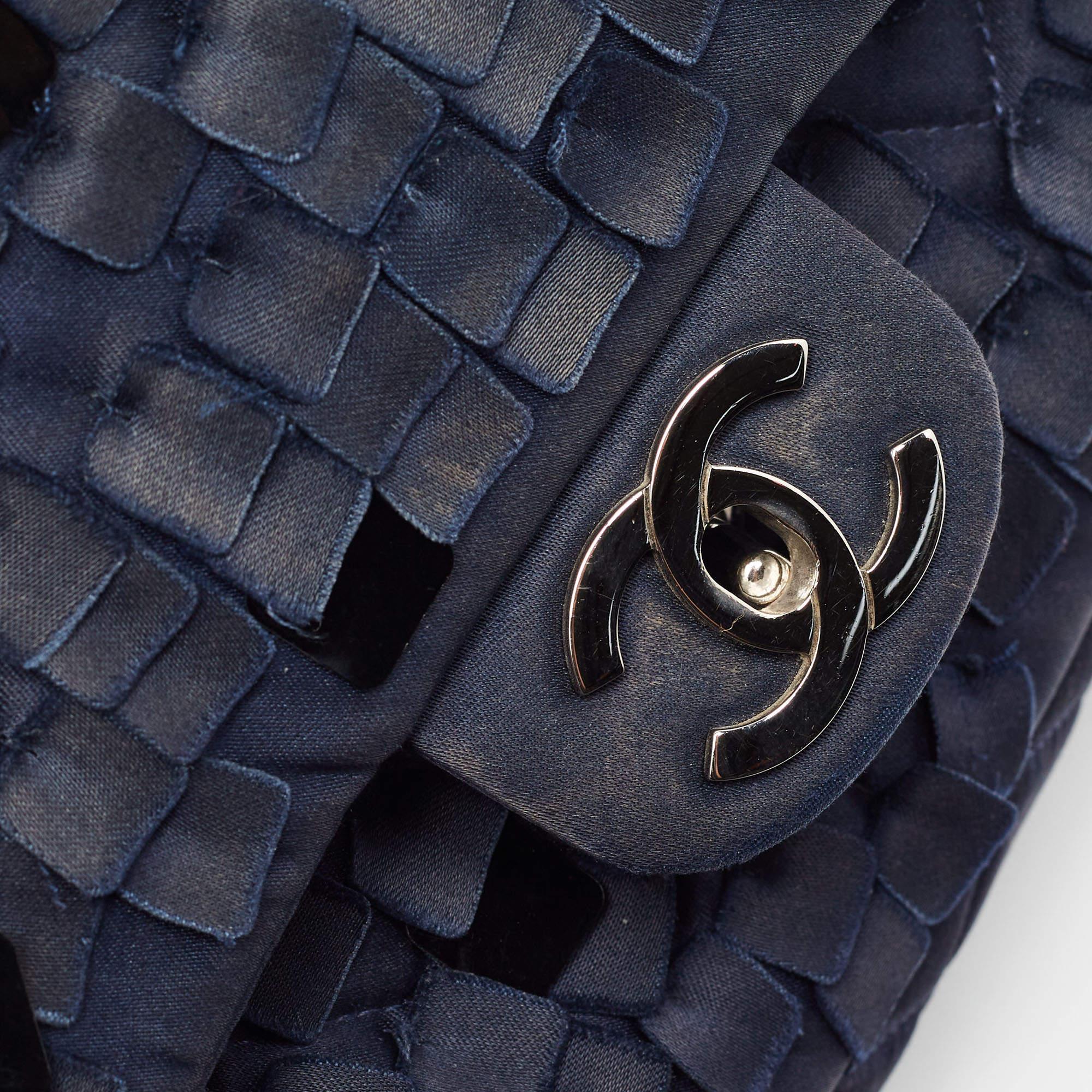 Chanel Navy Blue Quilted Satin Medium Classic Double Flap Bag For Sale 5