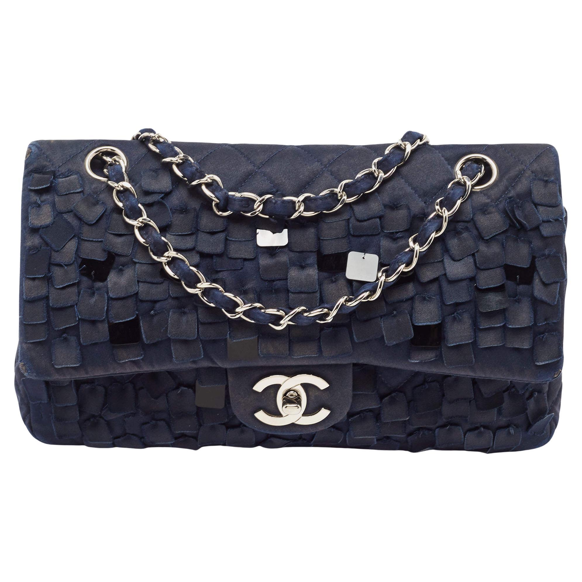 Chanel Navy Blue Quilted Satin Medium Classic Double Flap Bag For Sale
