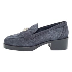 Chanel Navy Blue Quilted Suede CC Heart Loafers Size 37.5