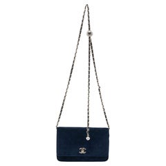 Chanel Navy Blue Quilted Velvet Pearl Crush Wallet on Chain