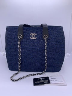 CHANEL Navy Blue Raffia Tote Bag Woven Chain Everyday Expandable Purse
