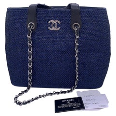 CHANEL Navy Blue Raffia Tote Bag Woven Chain Everyday Expandable Purse
