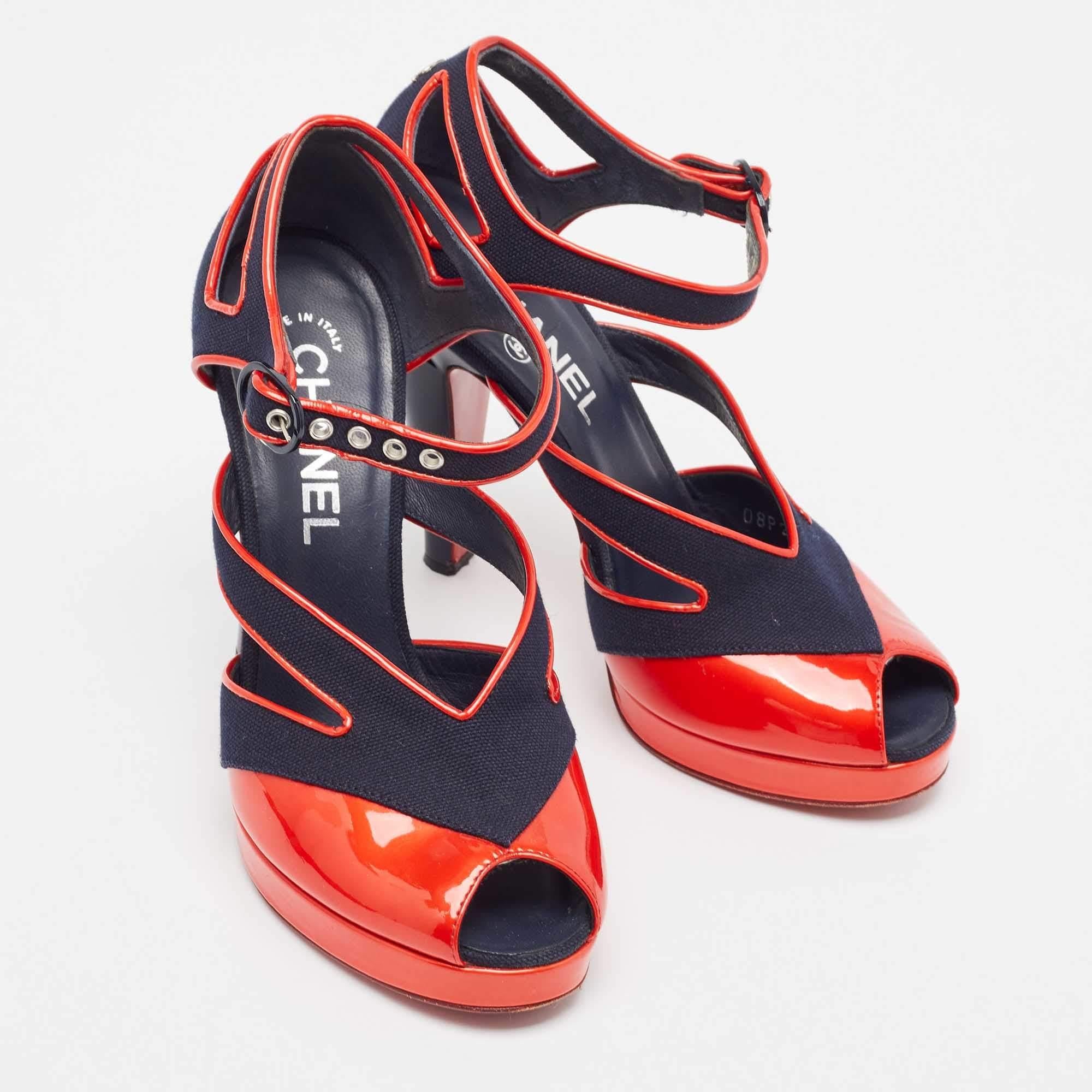 Black Chanel Navy Blue/Red Canvas and Patent Leather CC Peep Toe Ankle Strap Sandals S