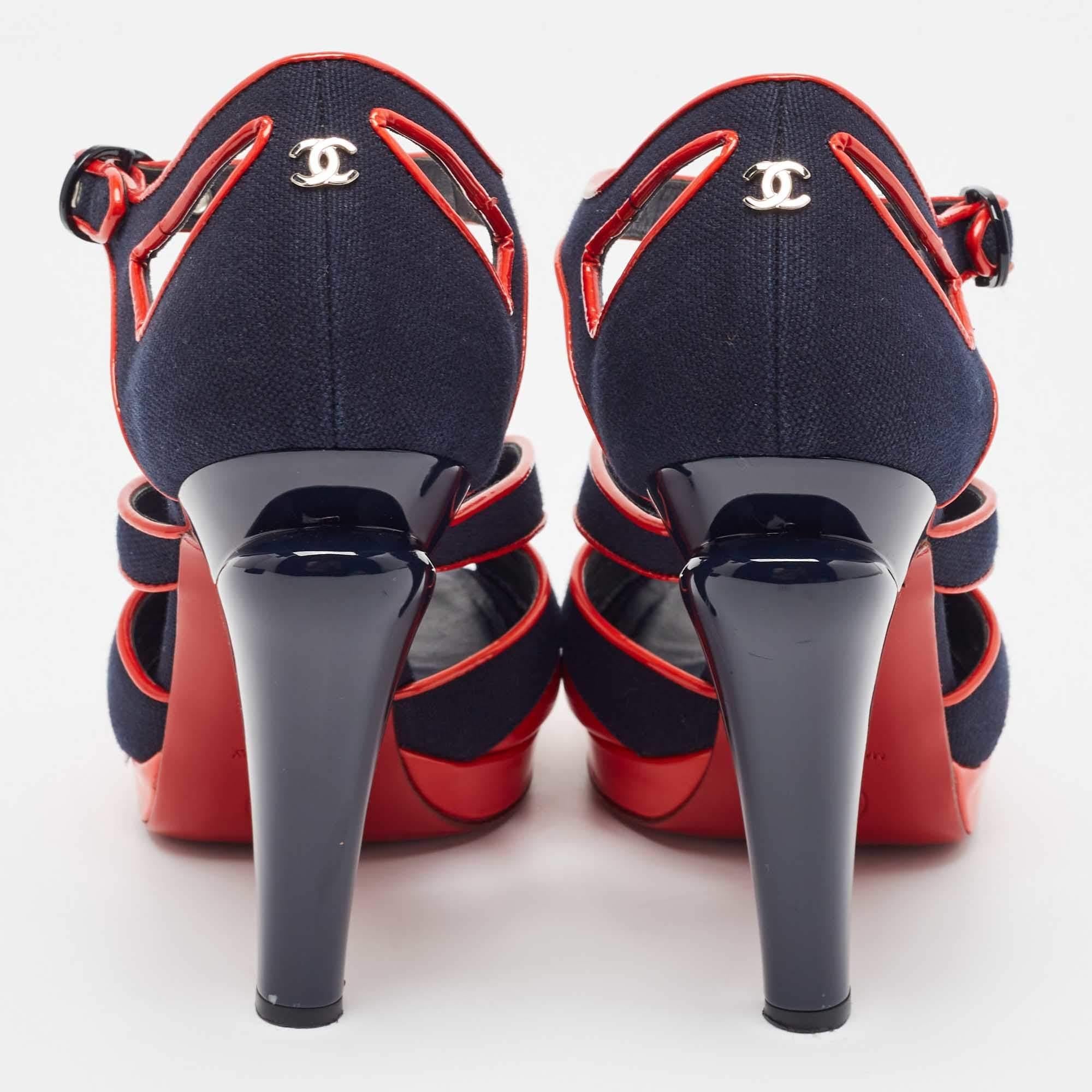 Women's Chanel Navy Blue/Red Canvas and Patent Leather CC Peep Toe Ankle Strap Sandals S
