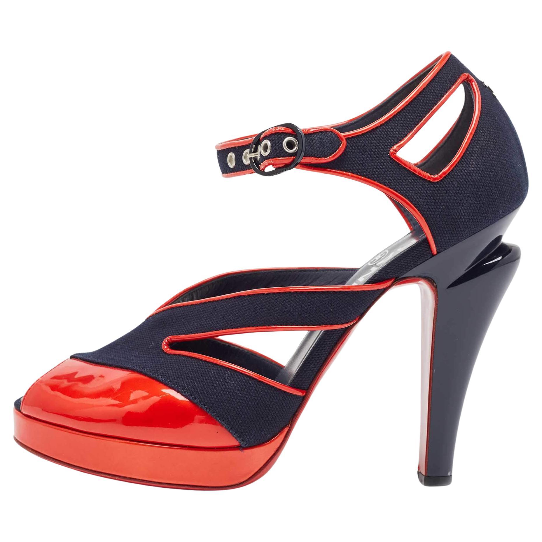 Chanel Navy Blue/Red Canvas and Patent Leather CC Peep Toe Ankle Strap Sandals S