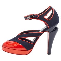 Chanel Navy Blue/Red Canvas and Patent Leather CC Peep Toe Ankle Strap Sandals S