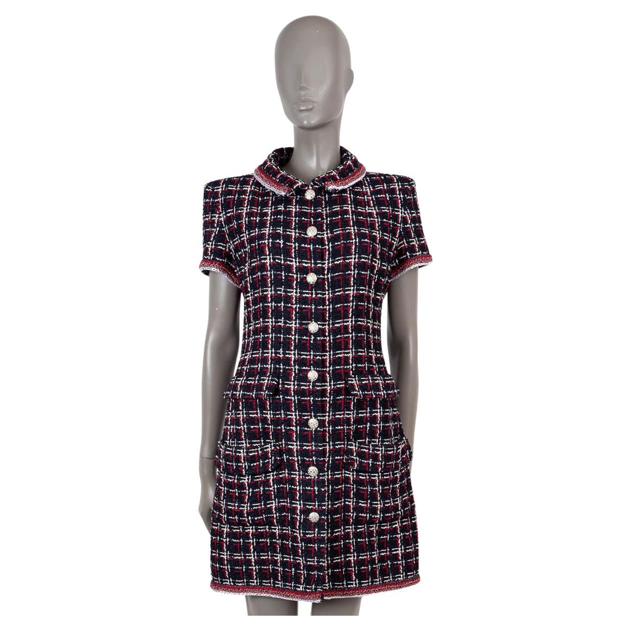 CHANEL navy blue red white viscose 2020 20S TWEED SHIRT Dress 40 M For Sale