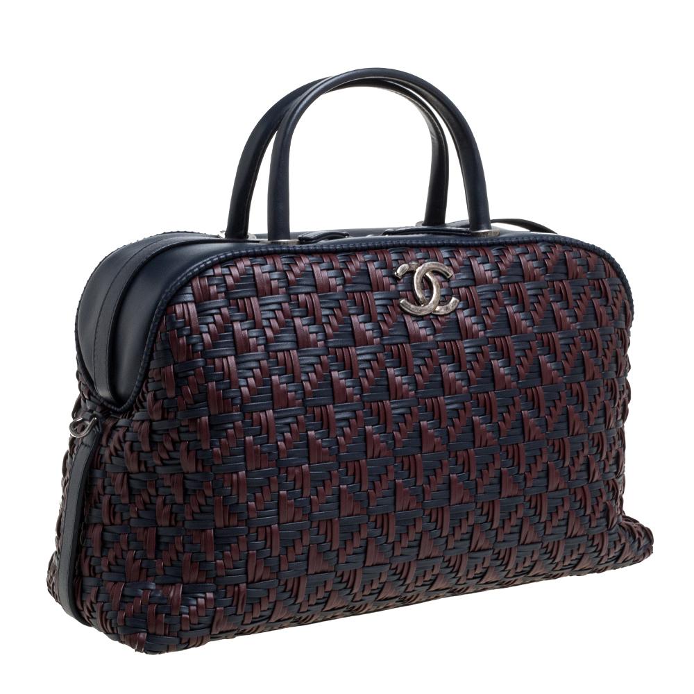 Black Chanel Navy Blue/Red Woven Leather Bowler Bag