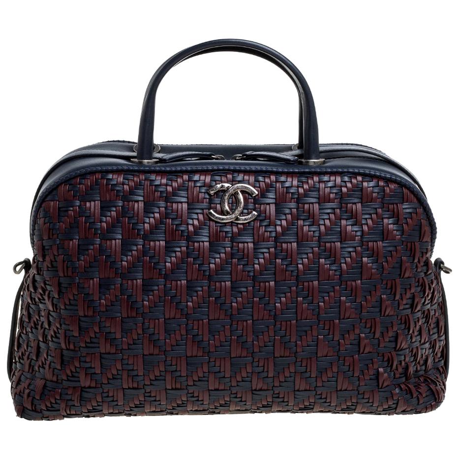 Chanel Navy Blue/Red Woven Leather Bowler Bag