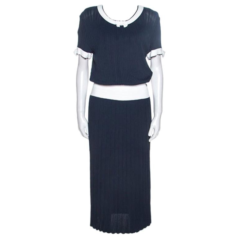 Chanel Navy Blue Rib Knit Contrast Trim Detail Midi Dress M