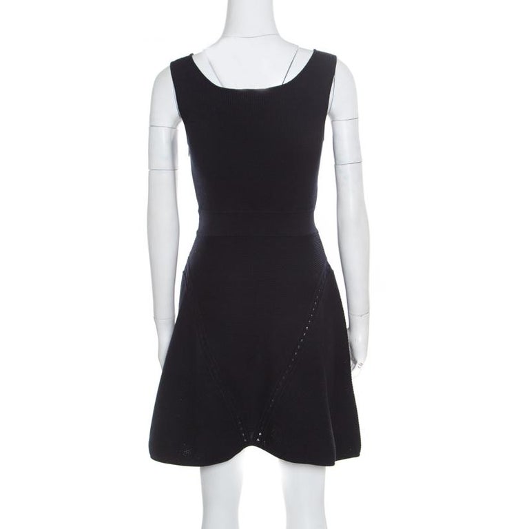 Chanel Navy Blue Ribbed Knit Sleeveless Flared Dress S For Sale at 1stDibs