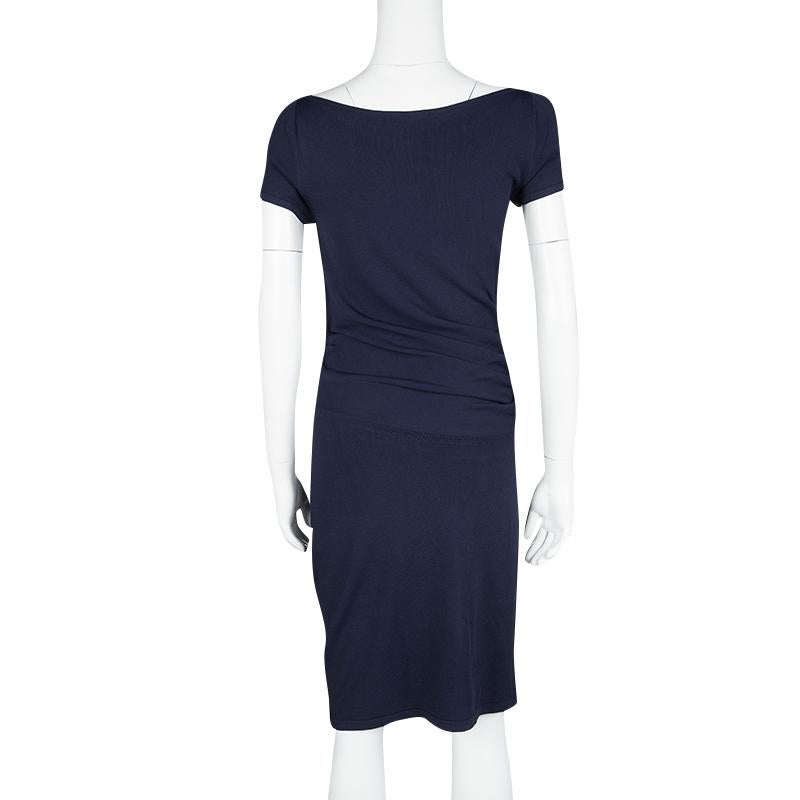 Black Chanel Navy Blue Ruched Short Sleeve Dress M