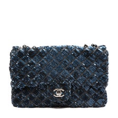 Chanel Navy Blue Sequin Quilted Classic Single Flap Bag with Silver Hardware